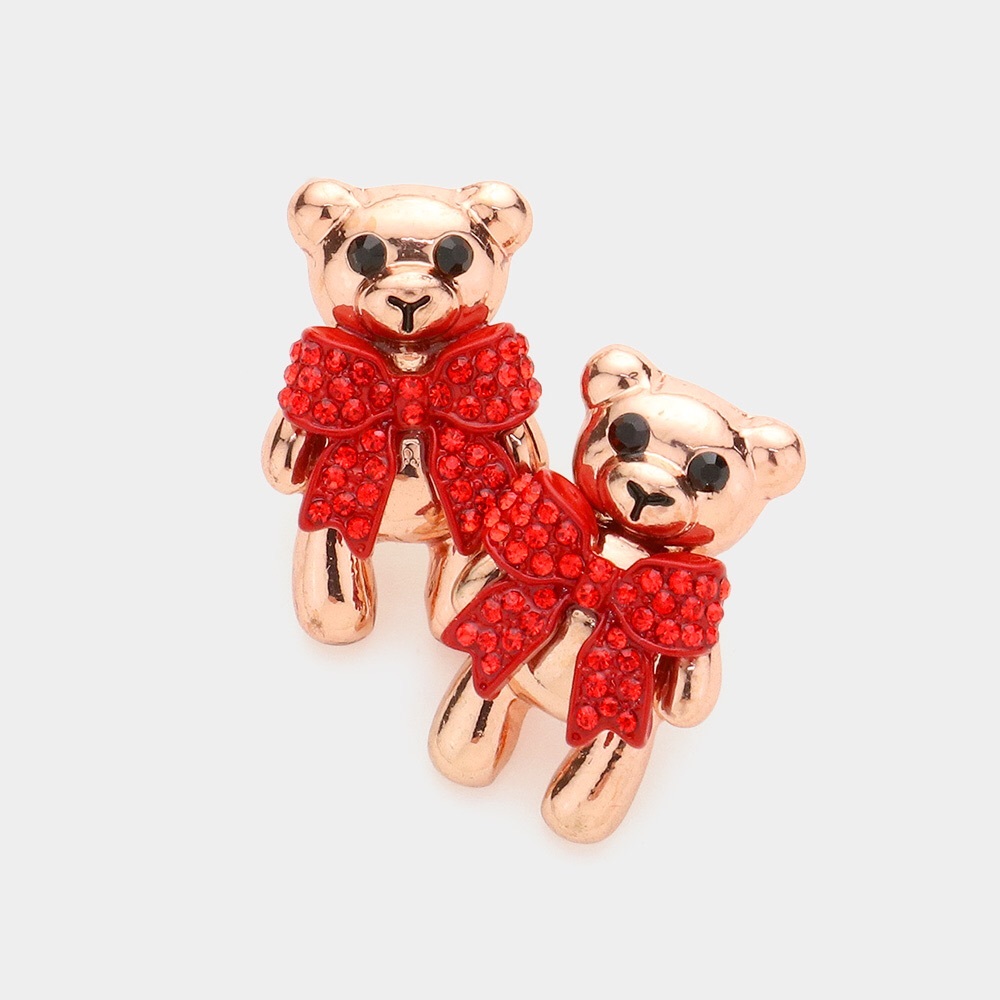 Rose Gold Rhinestone Bow Bear Stud Statement Earrings